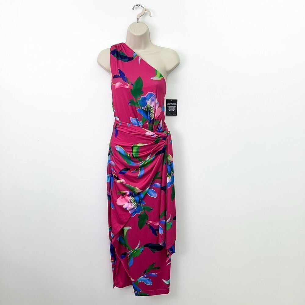 Boston Proper Women’s Pink Floral Multi Watercolor Abstract Print One Shoulder T - Picture 2 of 14